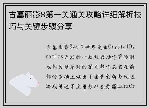 古墓丽影8第一关通关攻略详细解析技巧与关键步骤分享