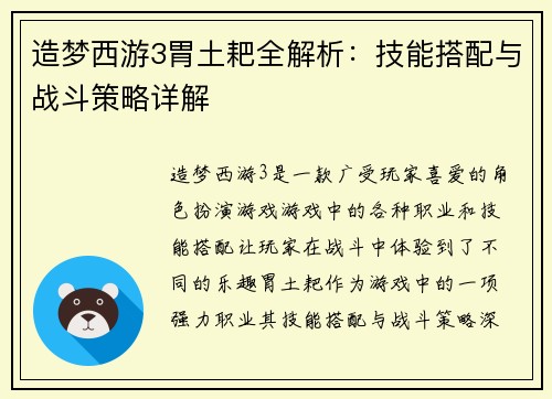 造梦西游3胃土耙全解析：技能搭配与战斗策略详解